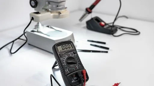 An electronics workbench with a multimeter and repair equipment